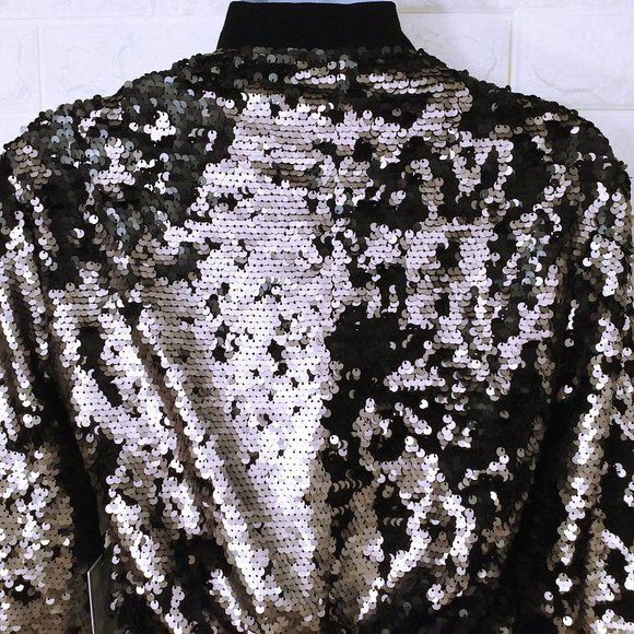NWT 1-State Glam Rock Metallic Flip Sequin Bomber Jacket -XS Ringer Bronze Black - Picture 10 of 11